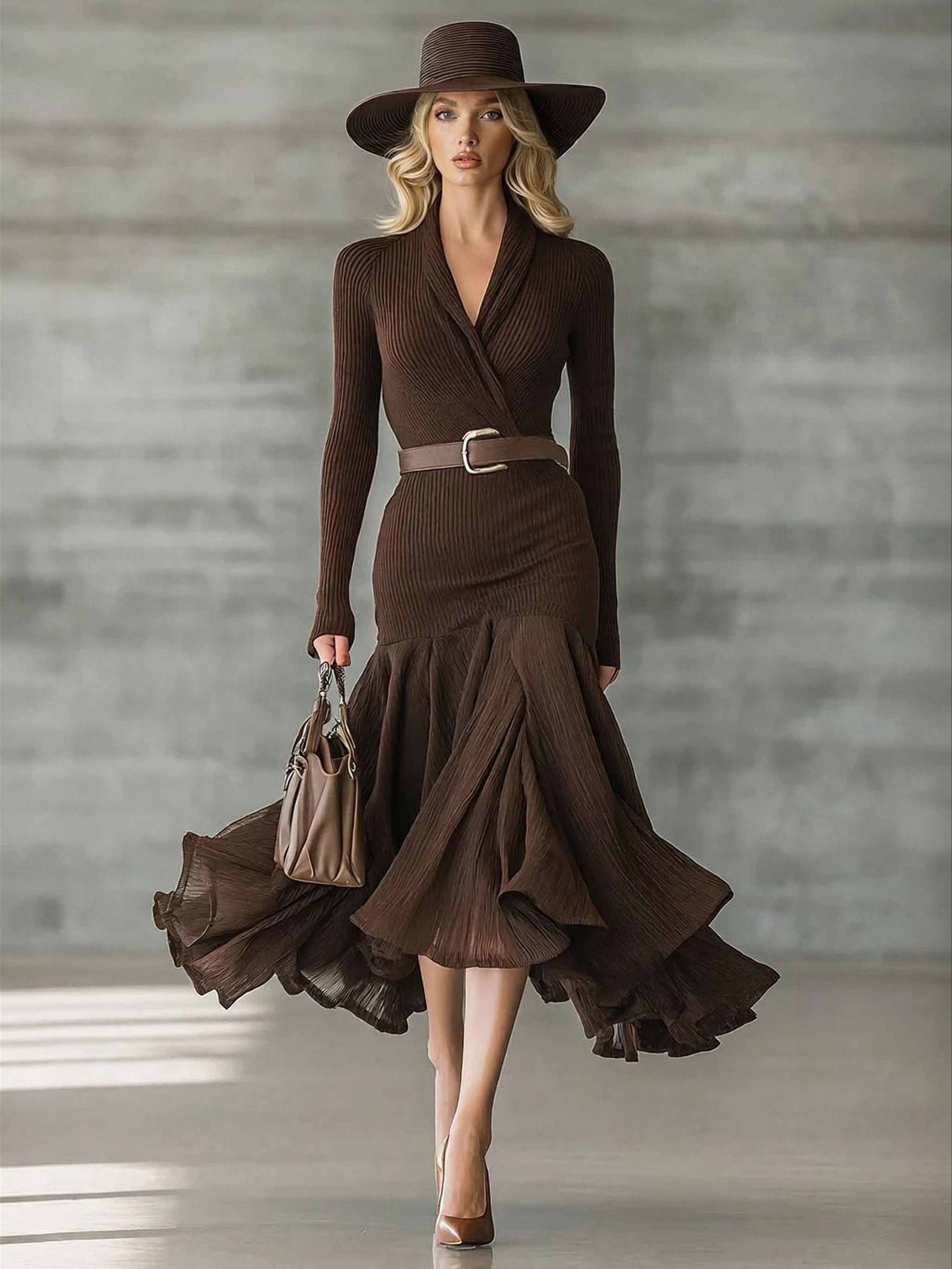 Casual V-neck Irregular Ruffle Midi Dress