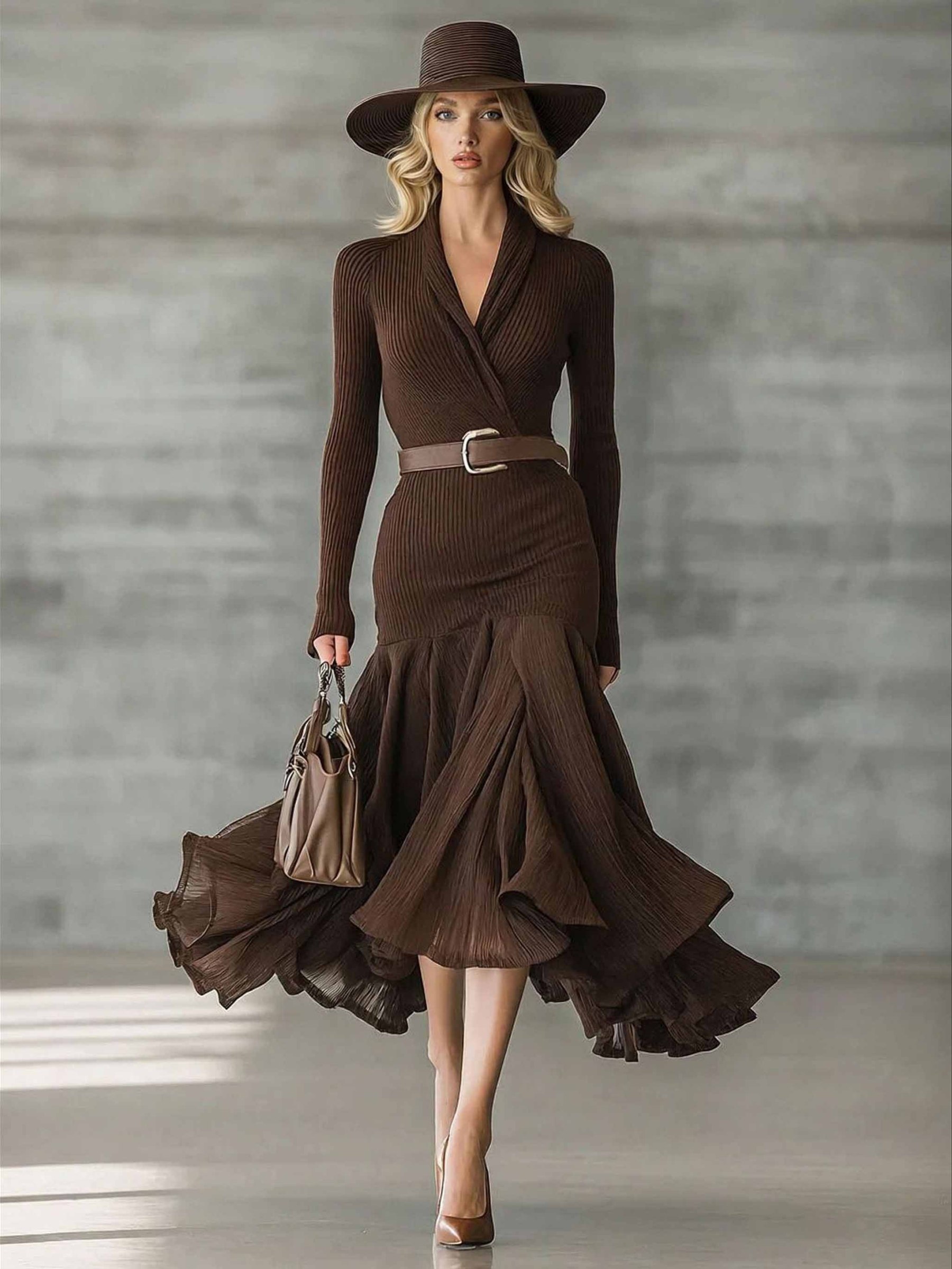 Casual V-neck Irregular Ruffle Midi Dress