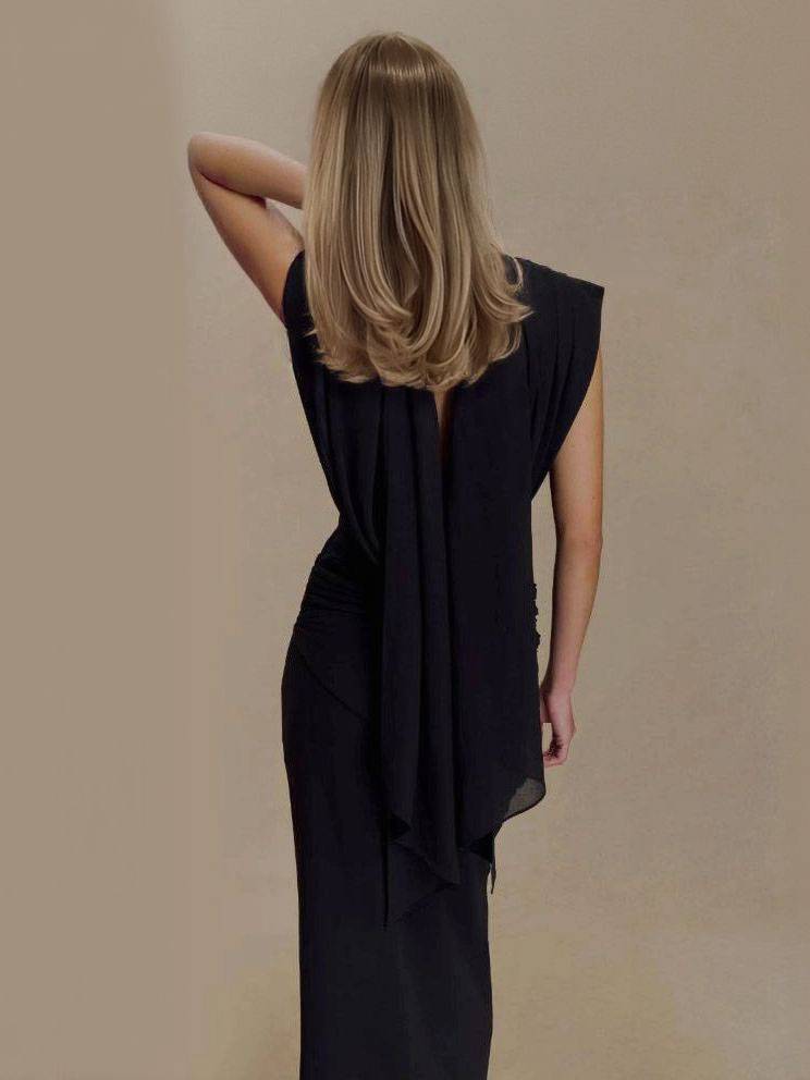 Swing Collar Scarf Pleated Maxi Dress