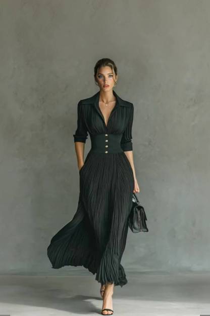 V-Neck Pleated High-Waist Dress