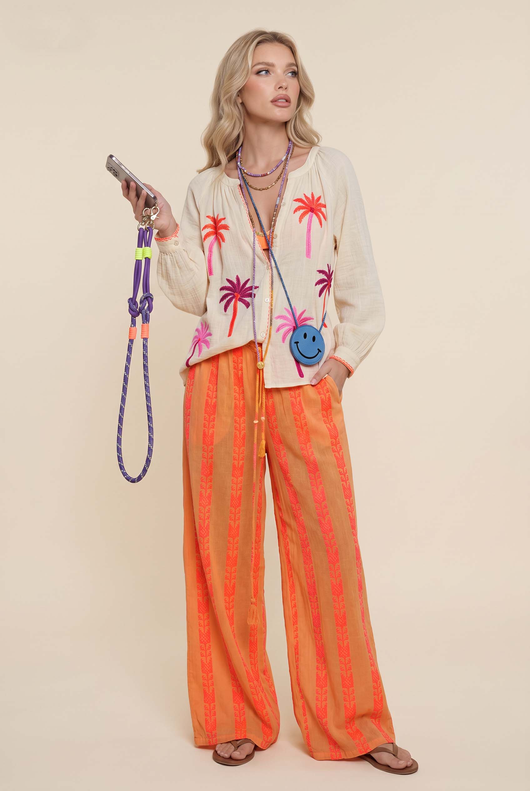 Flower Shirt And Striped Wide Leg Pants Set
