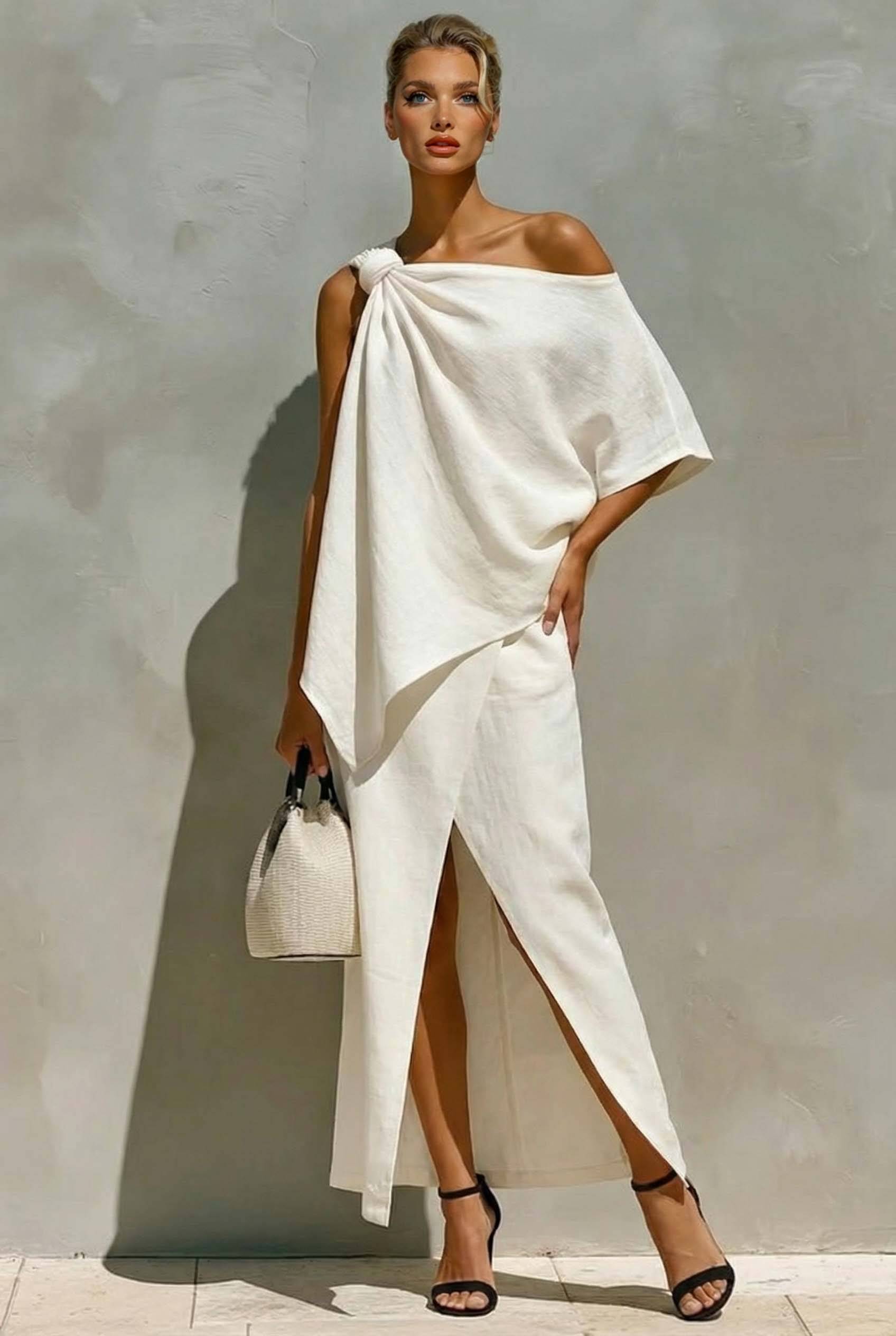 Off-Shoulder Top And Slit Skirt Suit