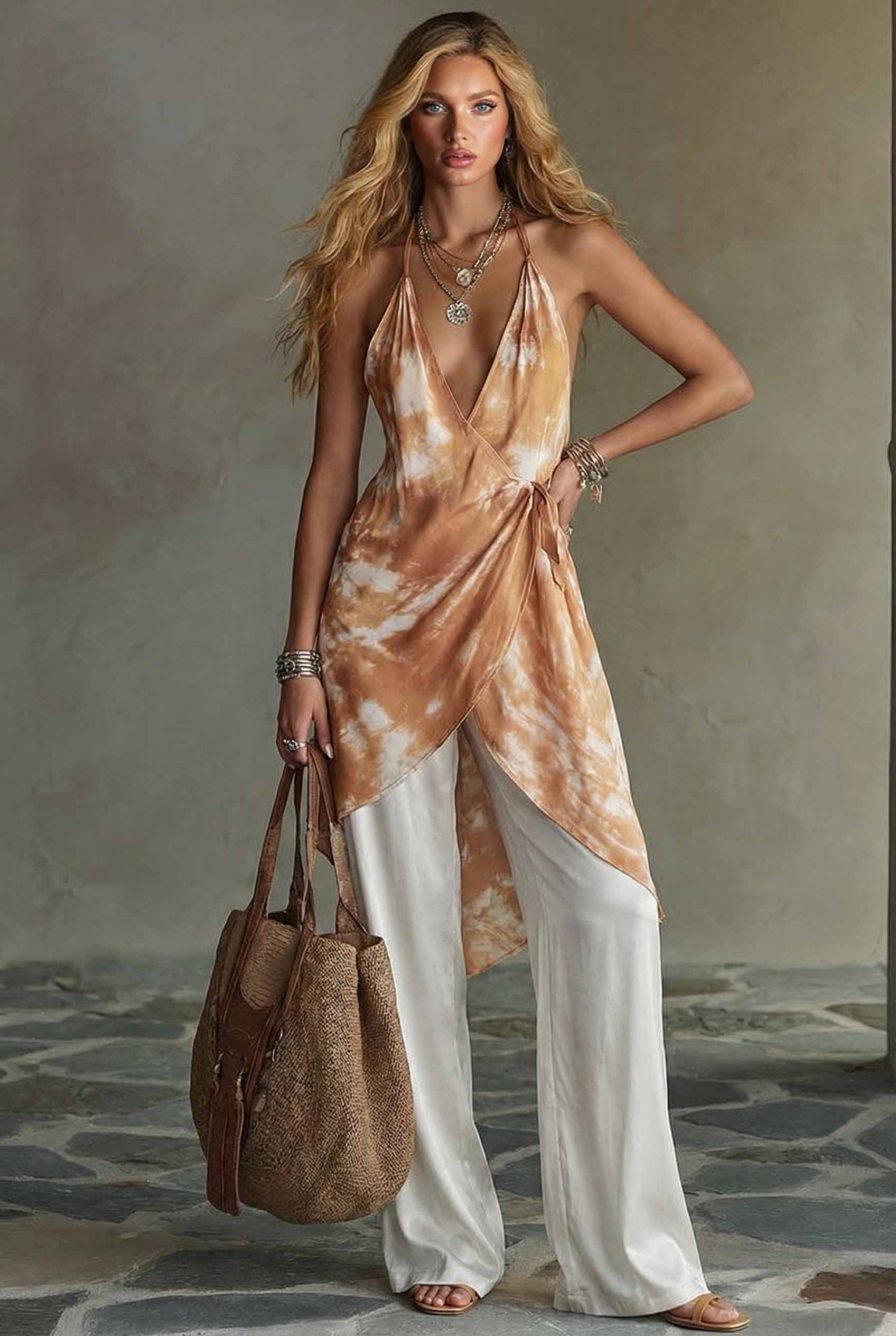 Halter-Neck Printed Top And Wide Leg Pants Set