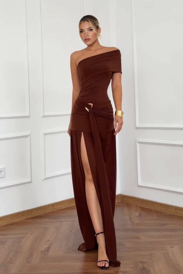 Slant-Shoulder Pleated Slit Maxi Dress
