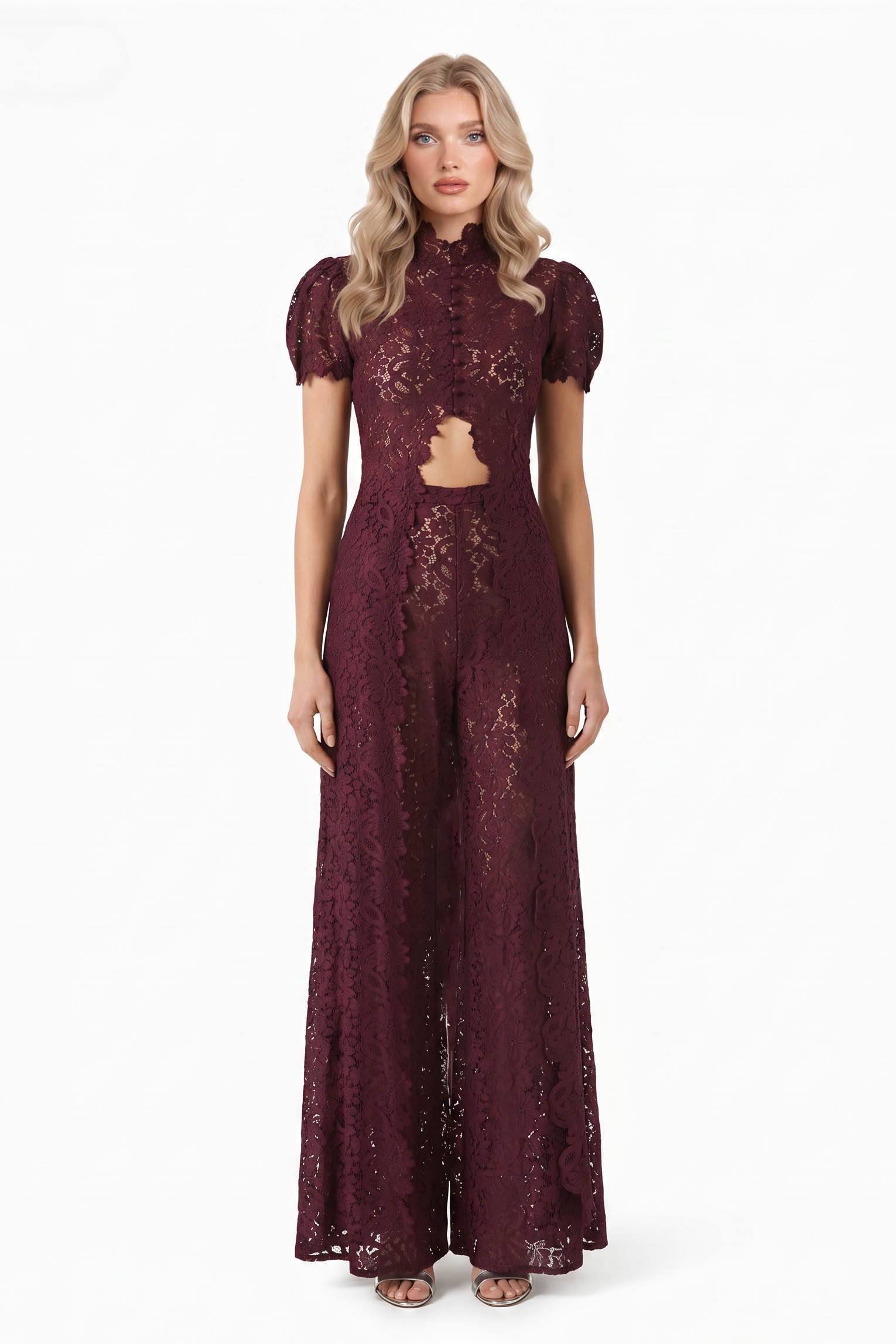 Lace Long-sleeved Top And Wide-leg Pants Set（Headscarf Not Included）