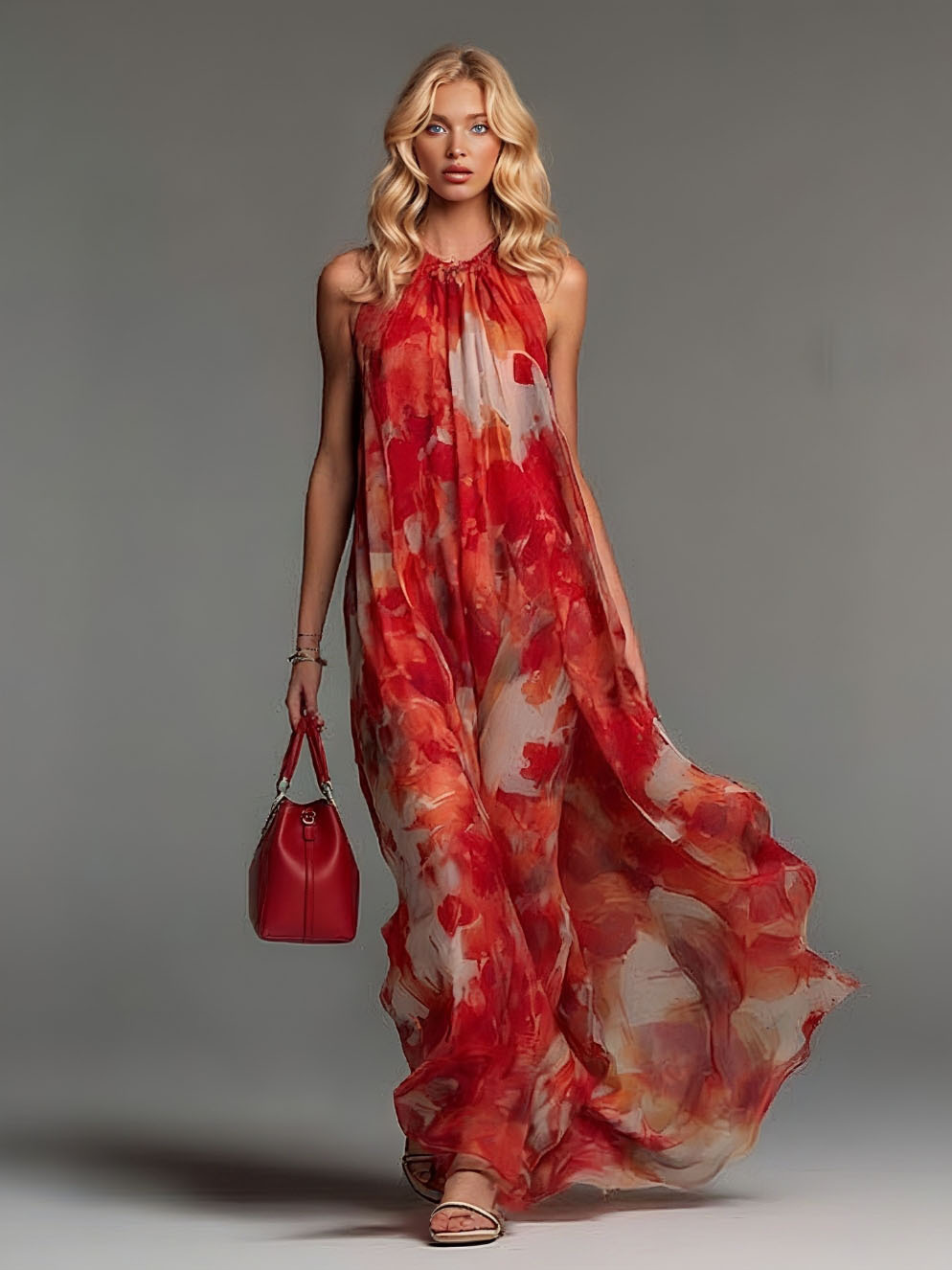 Elegant Watercolor Floral Backless Sheer Maxi Dress