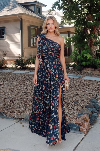 Oblique Neck Hollow Printed Maxi Dress