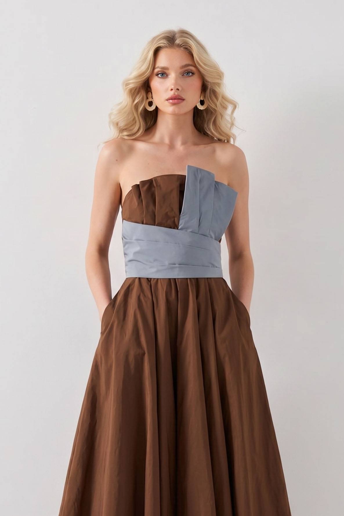 Color Contrast Strapless Dress