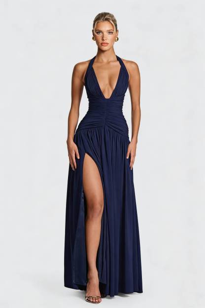 Halter Neck Pleated Slit Maxi Dress