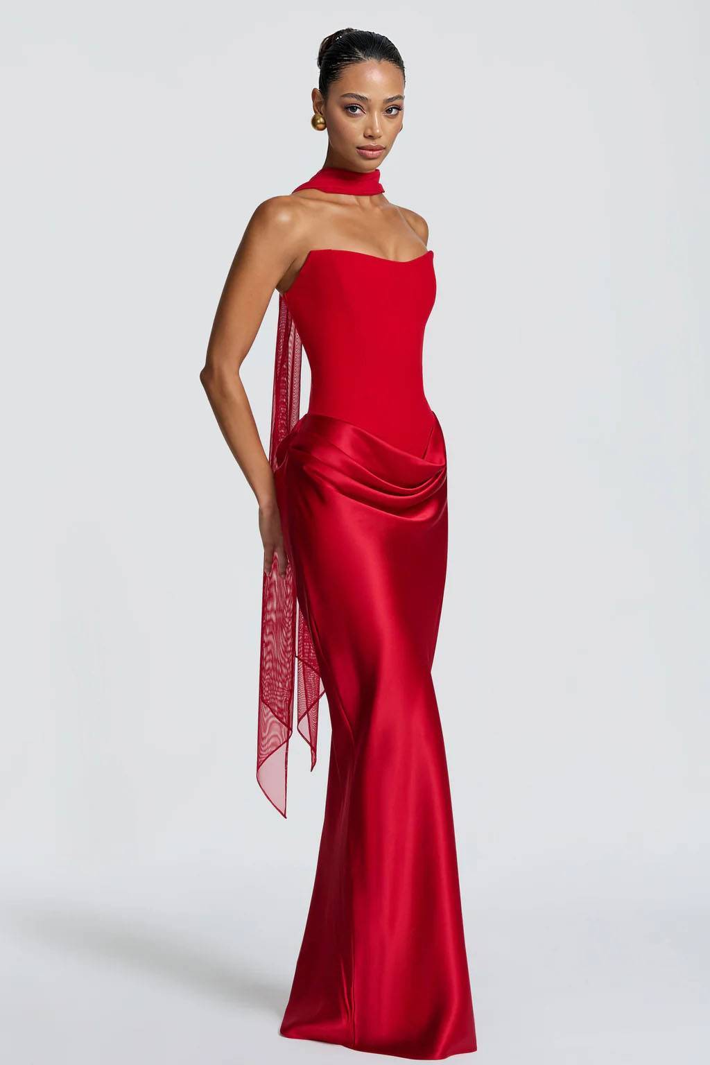 Pleated Design Scarf Maxi Dress