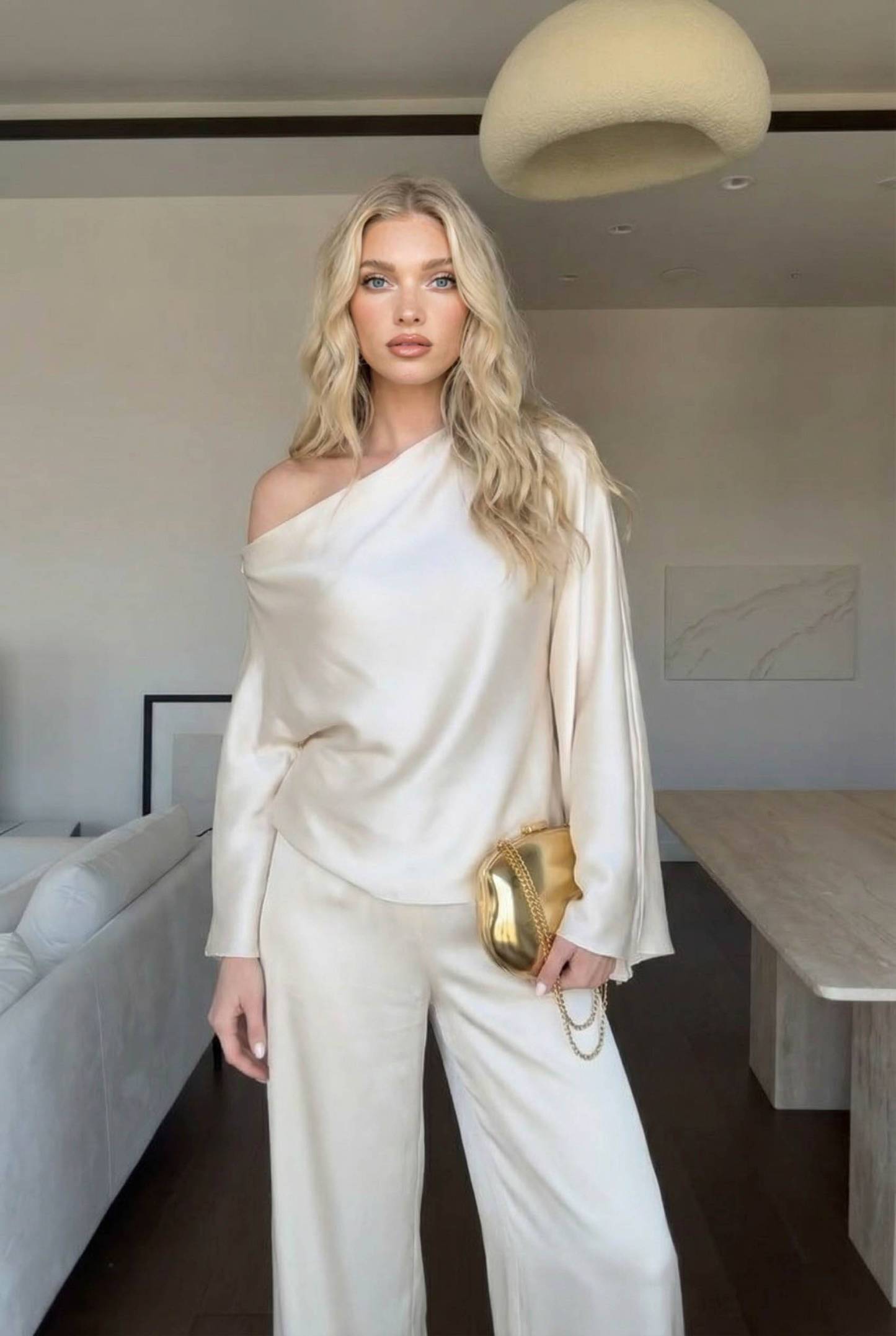Off-Shoulder Asymmetric Shirt And Wide Leg Pants Set