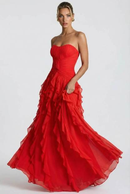 Pleated Strapless Ruffle Dress