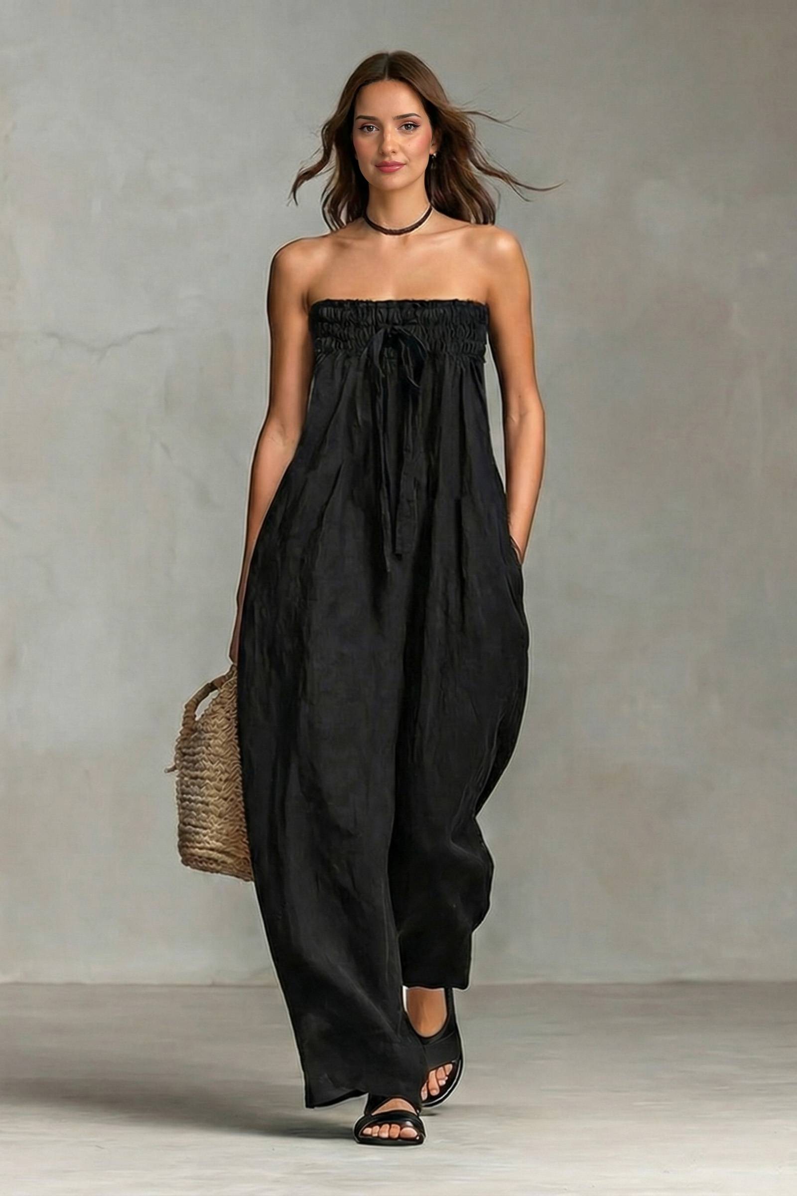 Pleated Design Strapless Jumpsuit