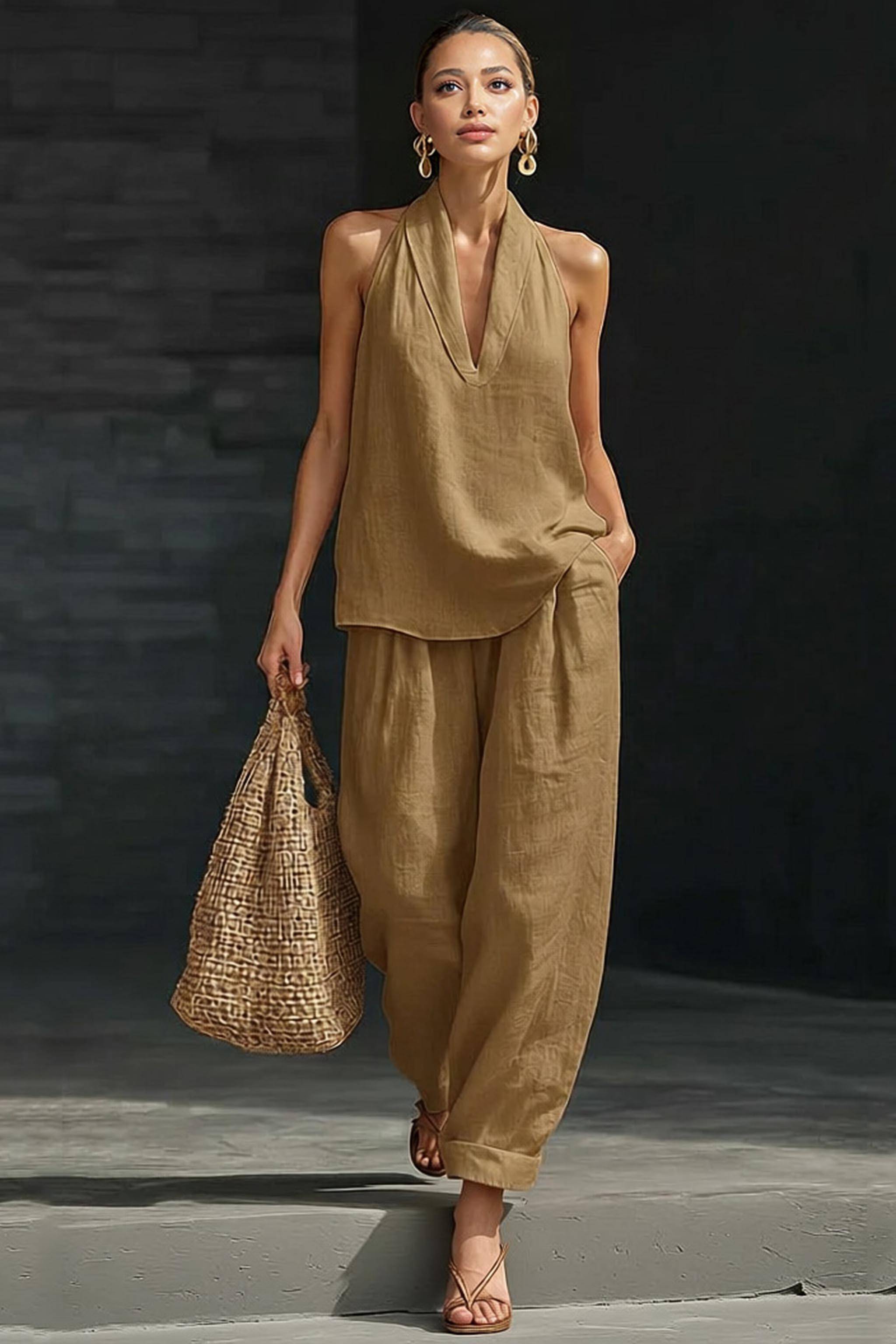 V-Neck A- Line Shirt And Wide Leg Pants Set