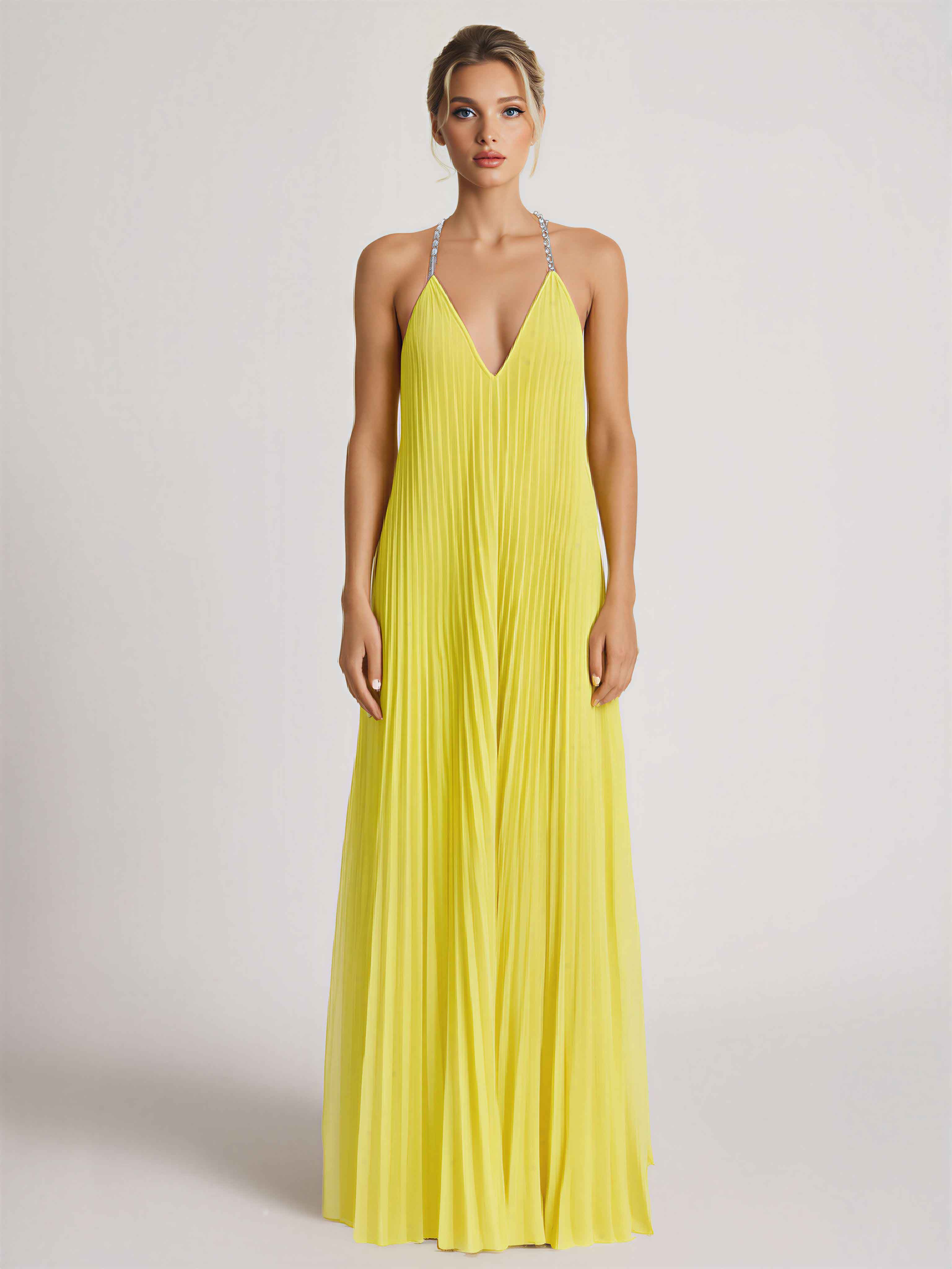 Elegant Pleated V-Neck Backless Chiffon Maxi Dress