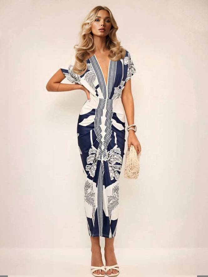Distinctive Printed V-Neck Midi Dress