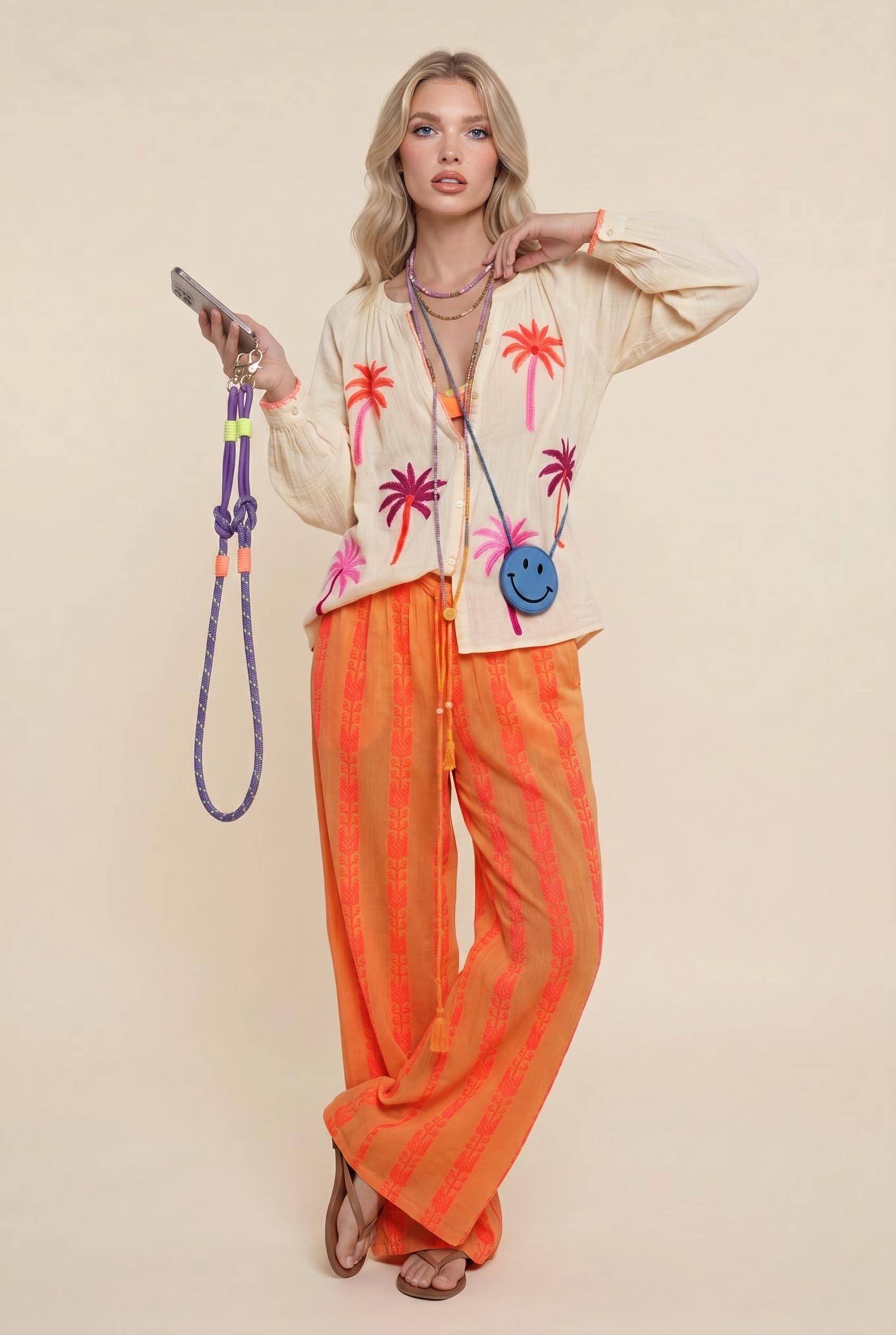 Flower Shirt And Striped Wide Leg Pants Set