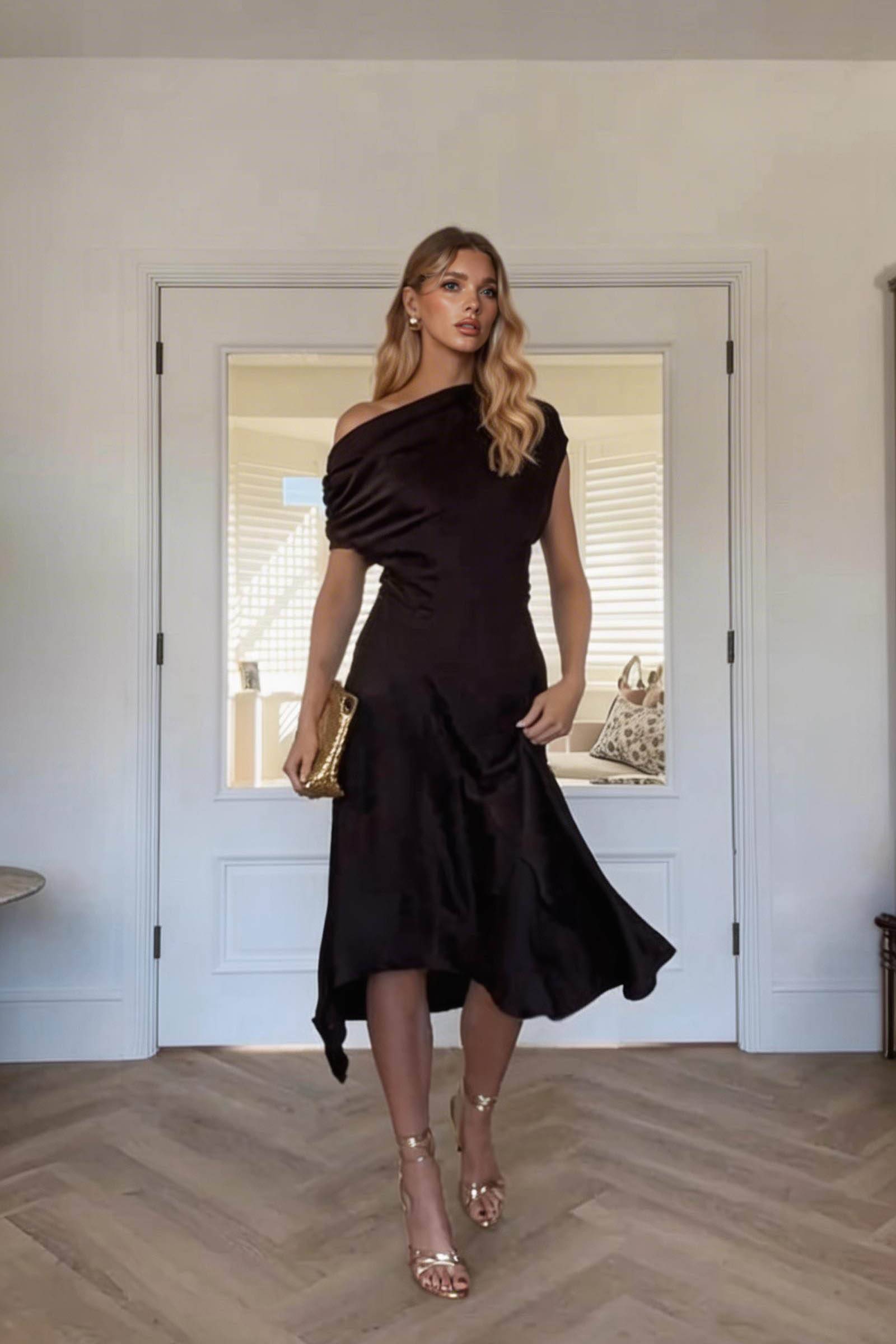 Off-Shoulder Pleated Irregular Midi Dress