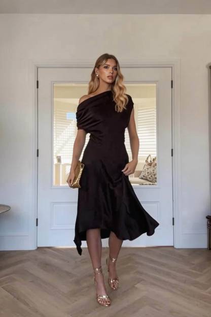 Off-Shoulder Pleated Irregular Midi Dress