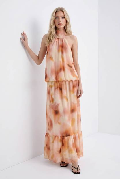 Halter-Neck Lace-Up Printed Maxi Dress