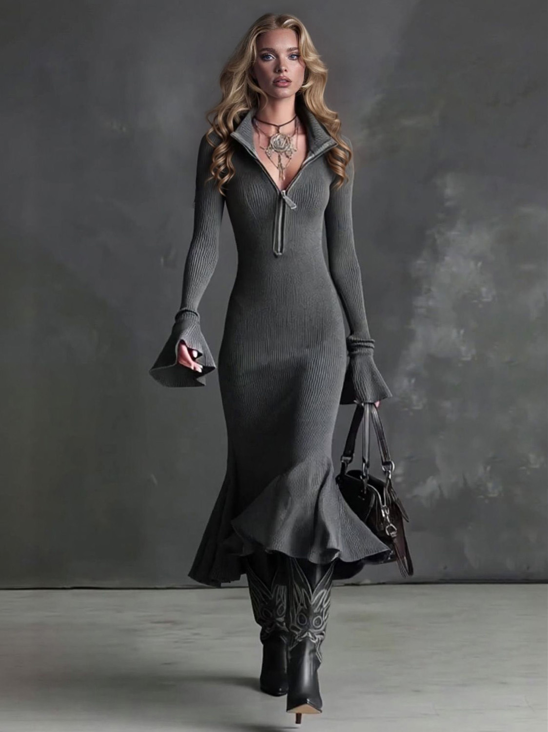 Casual Square Neck Zipper Fishtail Knit Midi Dress