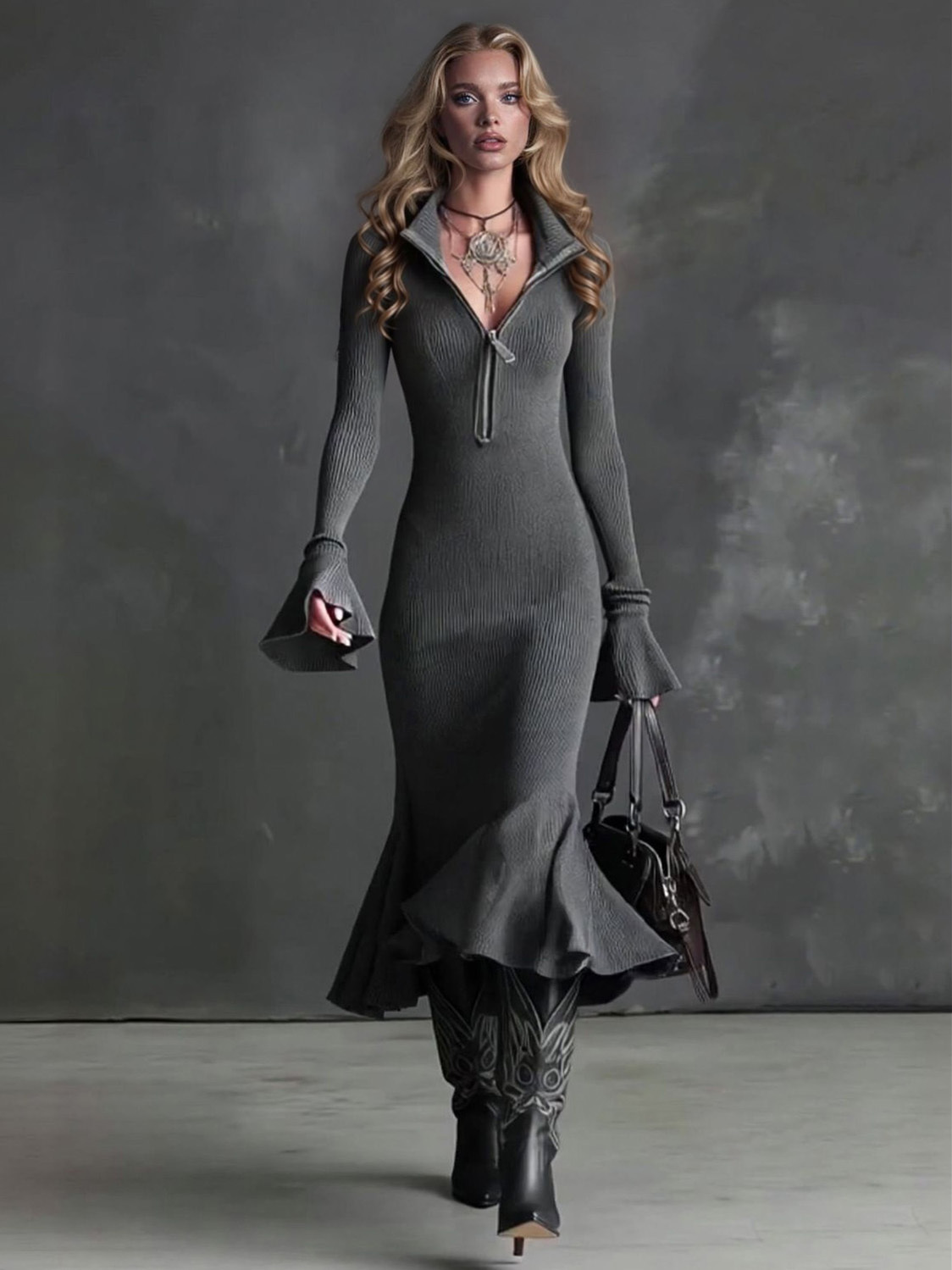 Casual Square Neck Zipper Fishtail Knit Midi Dress