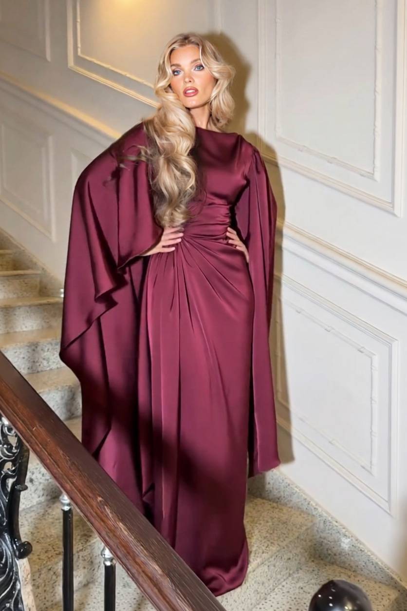 Boat Neck Pleated Satin Maxi Dress