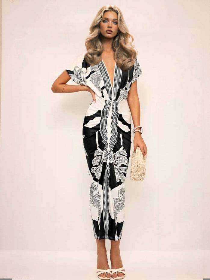 Distinctive Printed V-Neck Midi Dress
