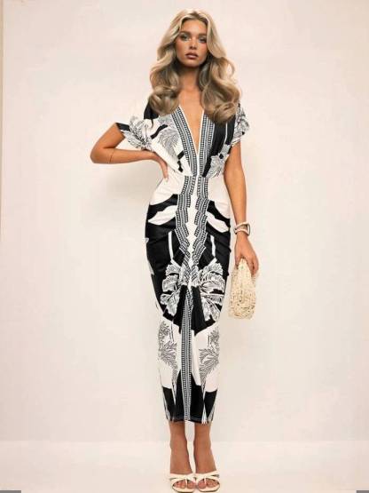 Distinctive Printed V-Neck Midi Dress