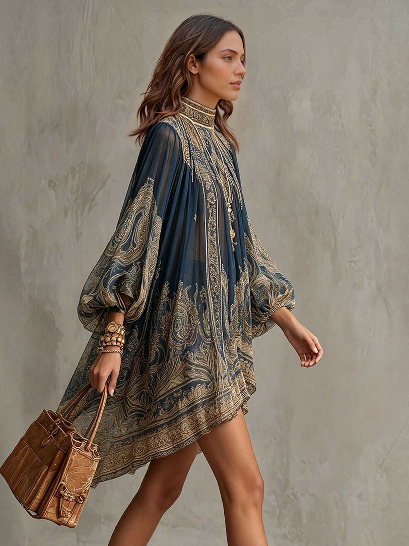 Elegant Vintage Print High Neck Flowy Mini Dress