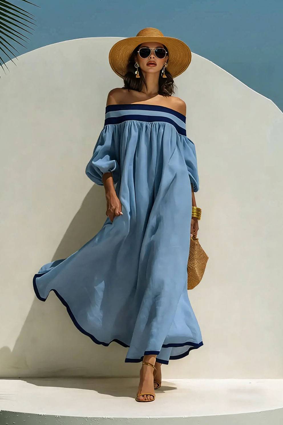 Color Contrast Off-Shoulder Loose-Fitting Dress