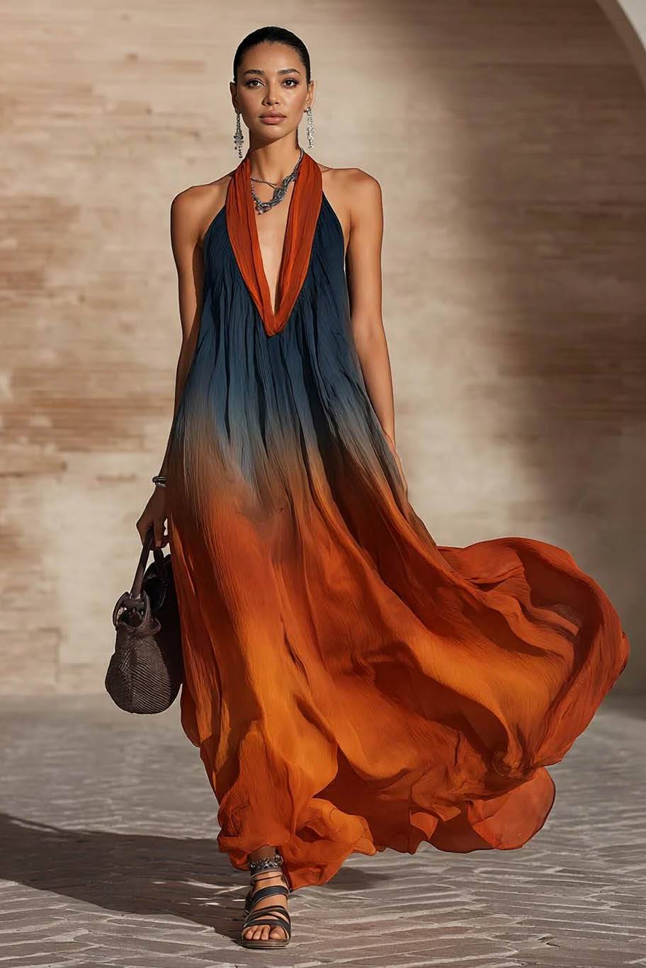 Halter-Neck Backless Gradient Printed Maxi Dress
