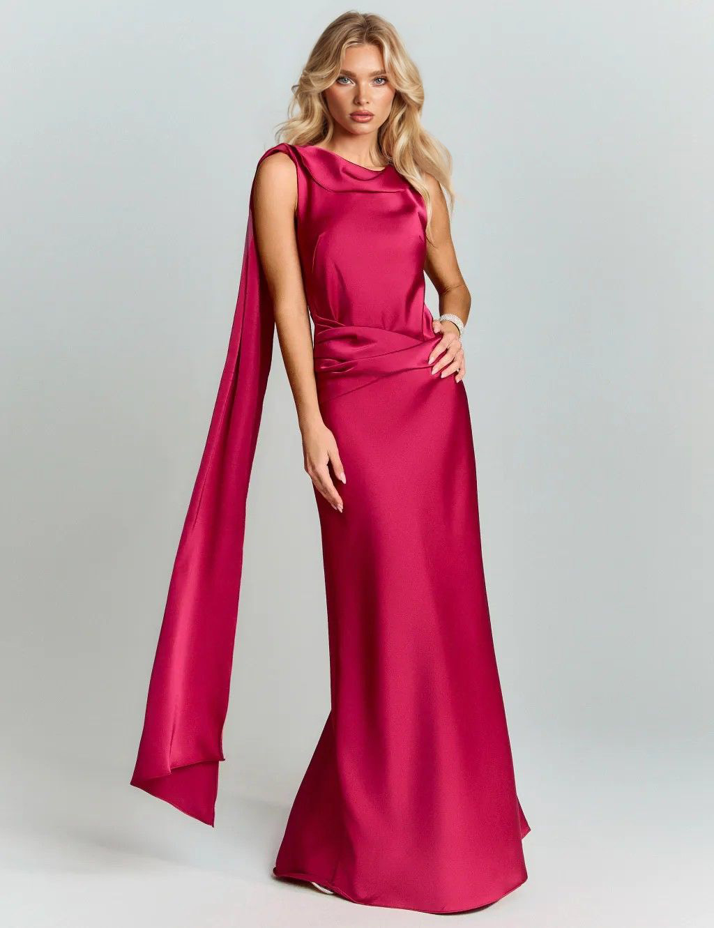 Elegant Satin Draped Shoulder Maxi Dress