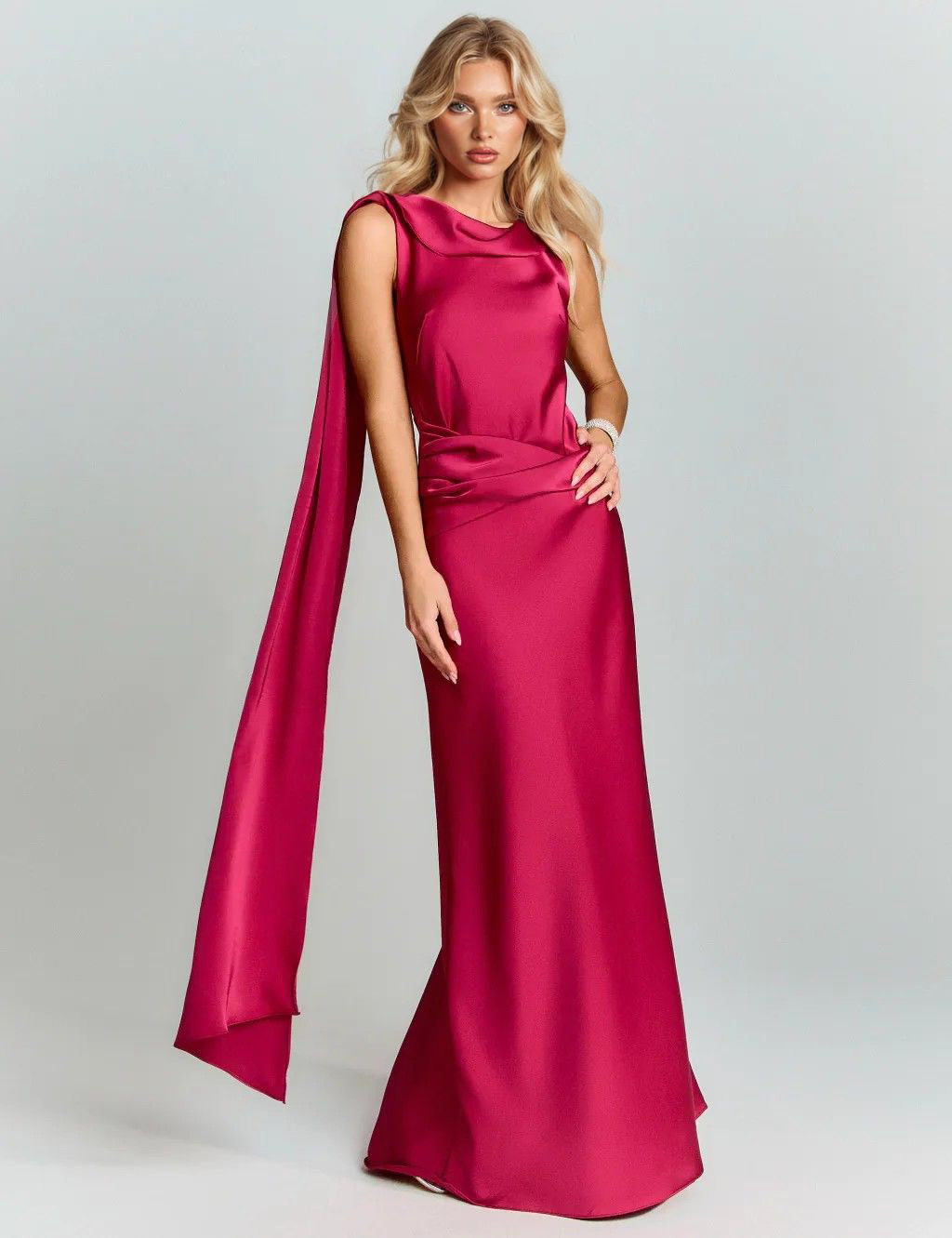 Elegant Satin Draped Shoulder Maxi Dress