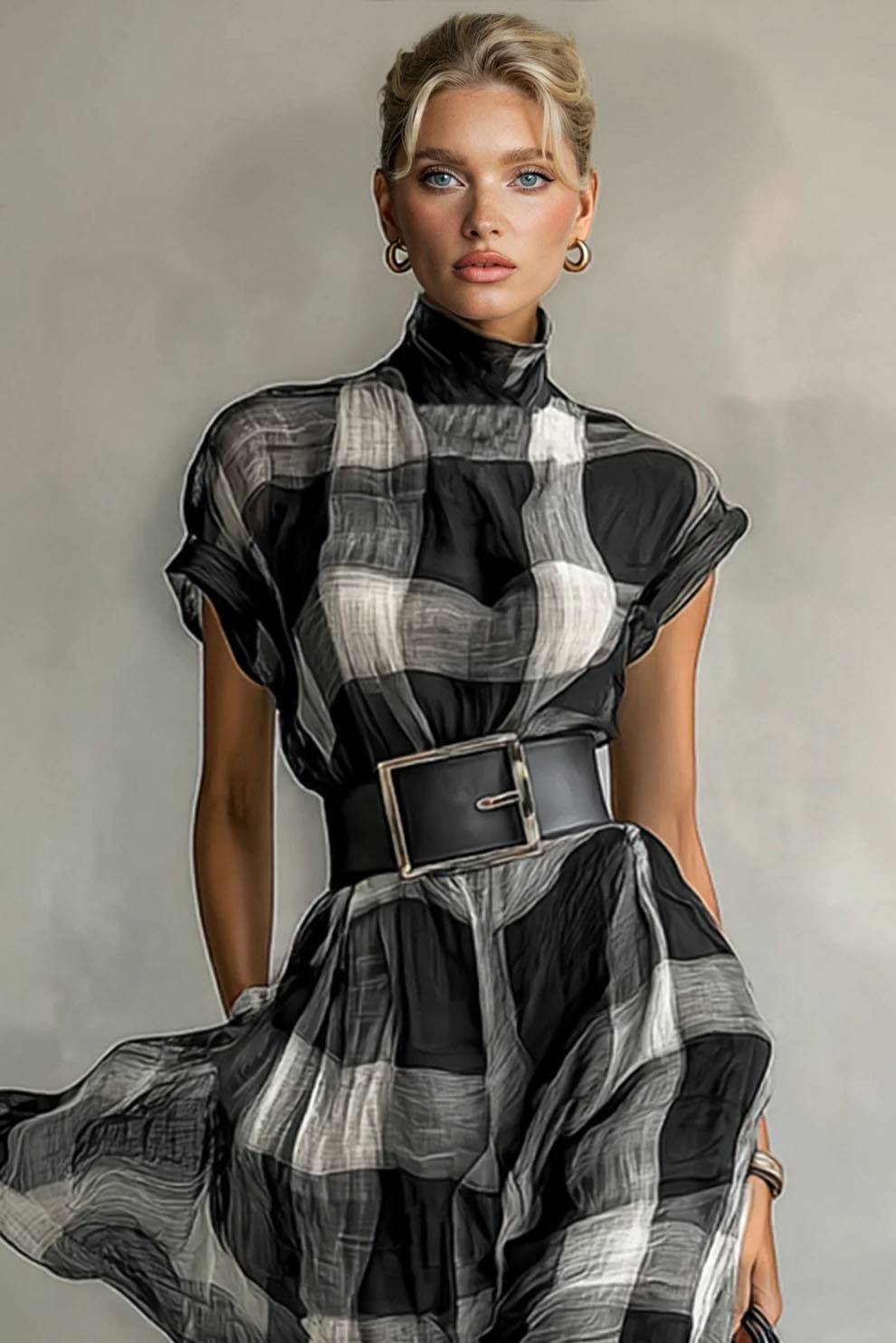 Checked Pattern Stand-Collar Short-Sleeved Dress