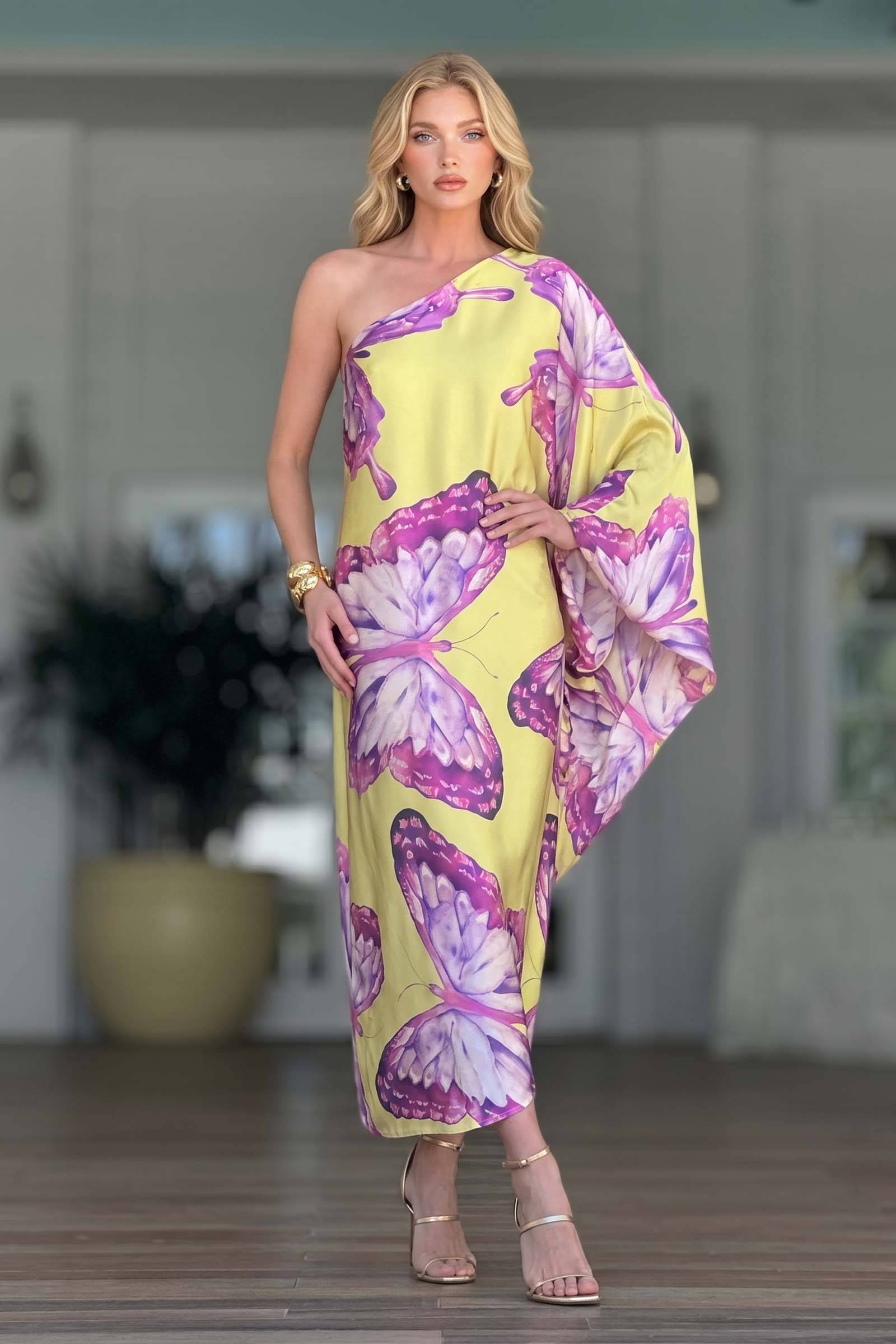 Butterfly-Printed Slant-Neck Dress