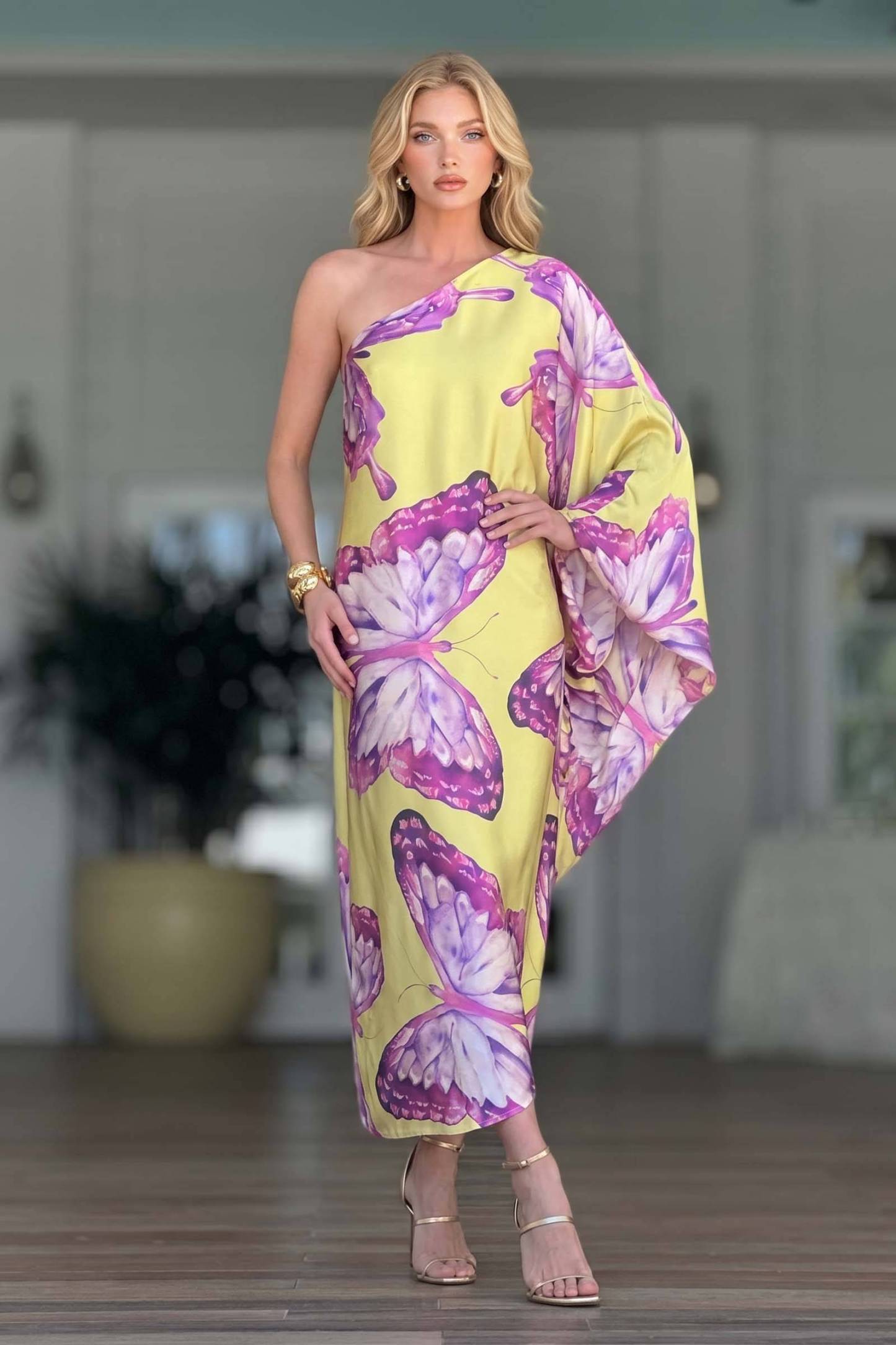 Butterfly-Printed Slant-Neck Dress