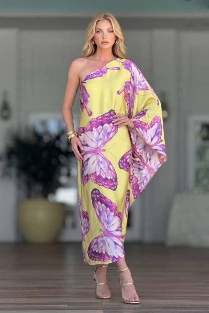 Butterfly-Printed Slant-Neck Dress
