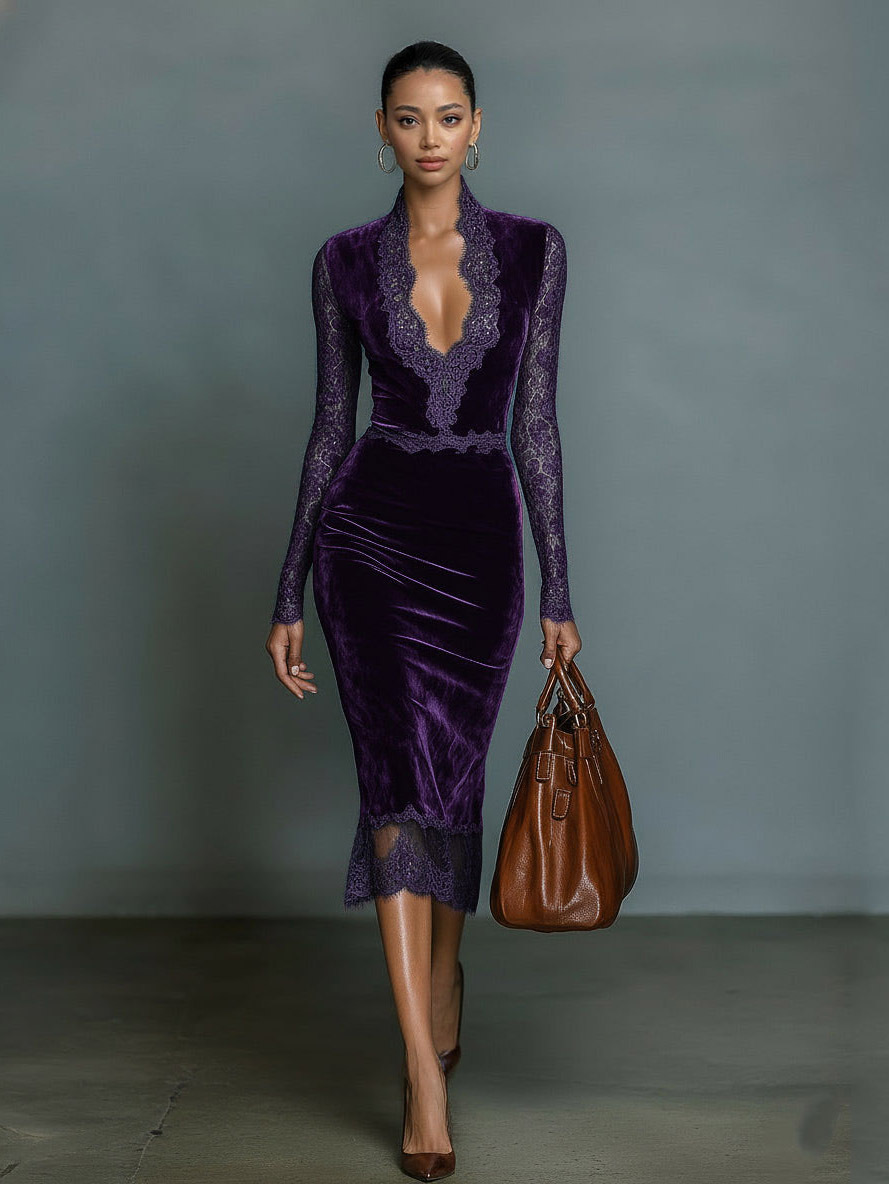Elegant Velvet Fitted V-Neck Lace Midi Dress