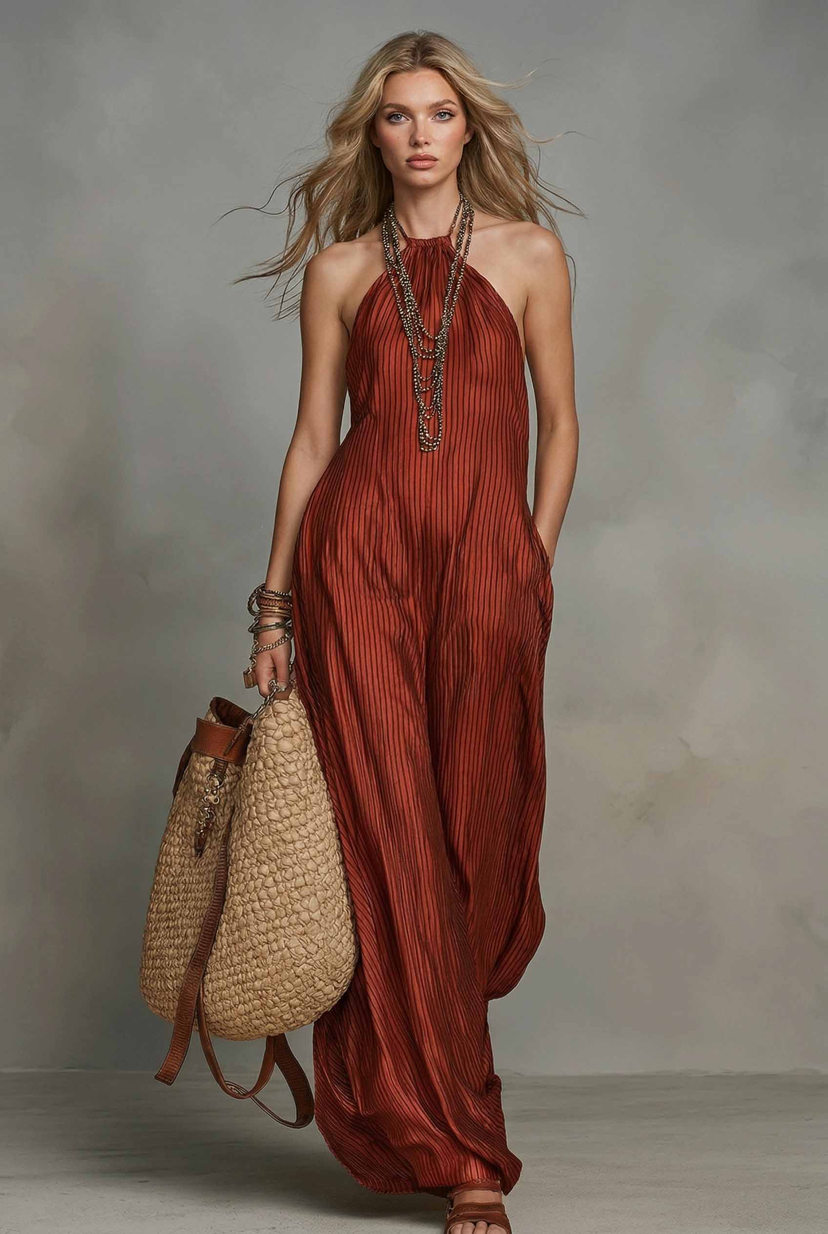 Striped Halter-Neck Maxi Dress