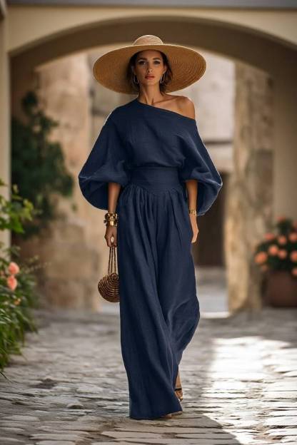 Off-shoulder Shirt And Wide-leg Pants Set