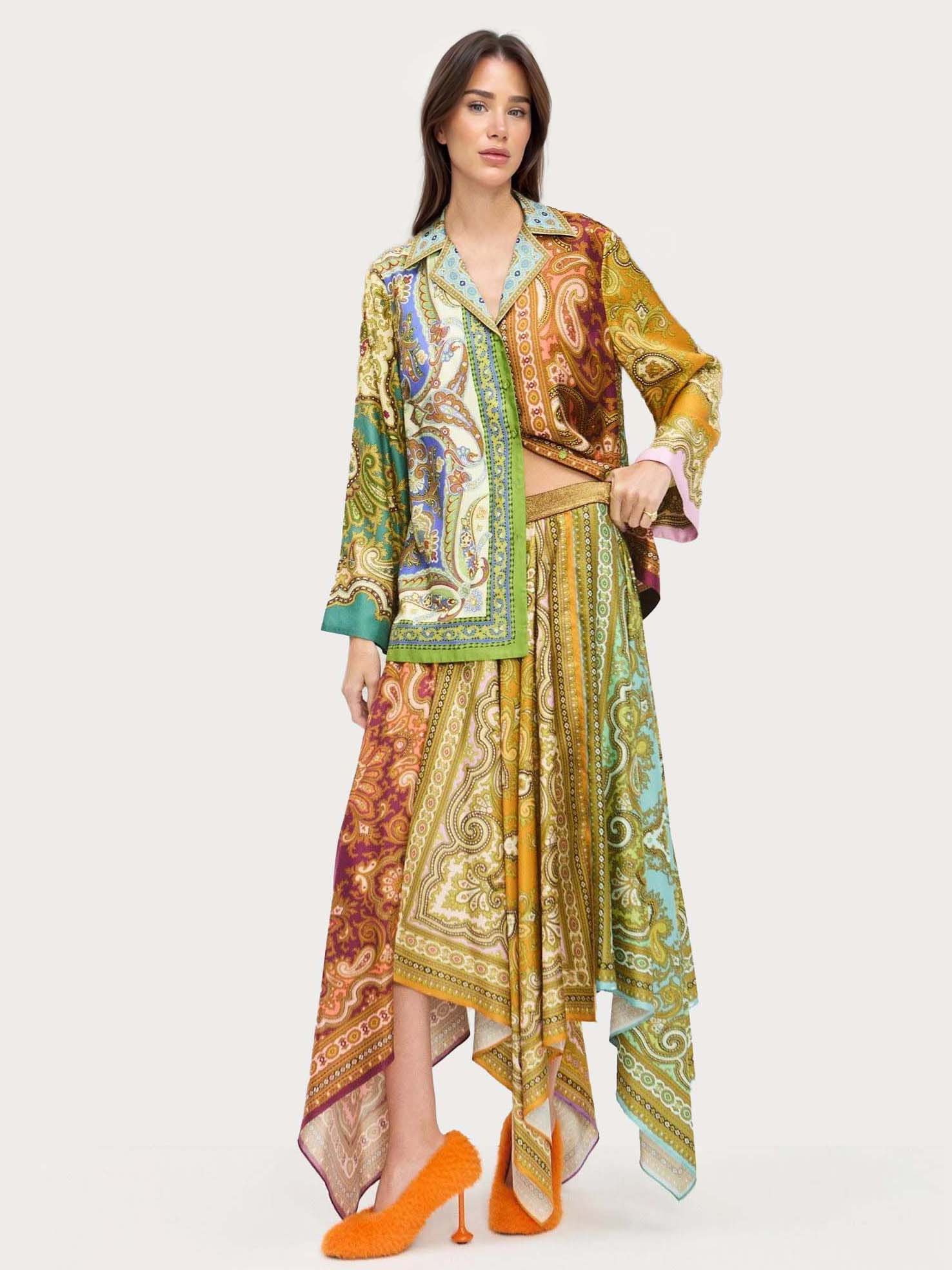 Retro Paisley Print Satin Skirt Two-Piece Set