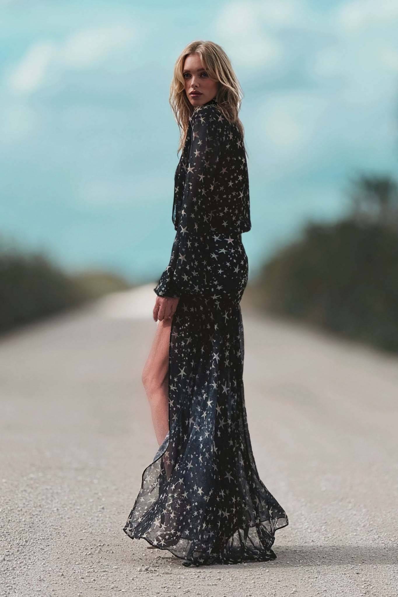 Deep V-Neck Slit Printed Maxi Dress