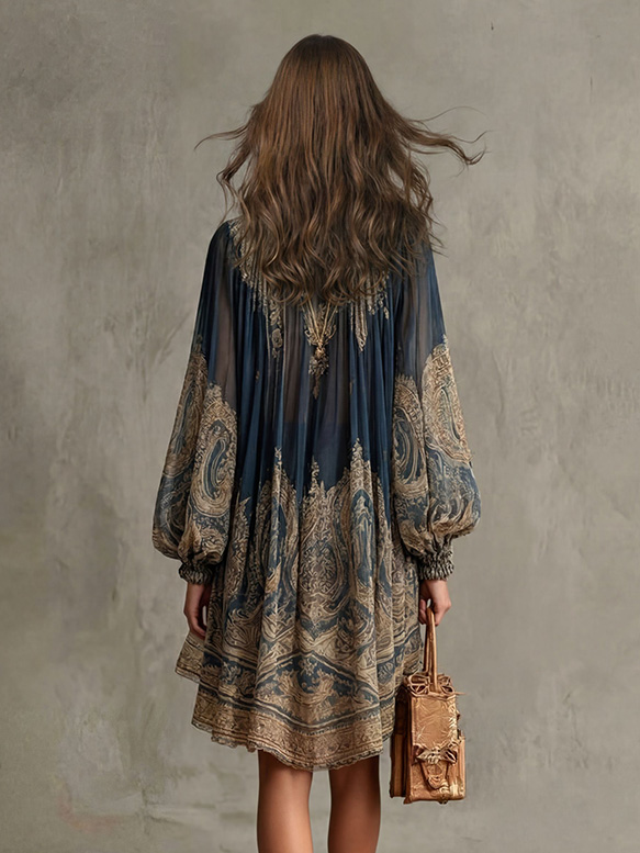 Elegant Vintage Print High Neck Flowy Mini Dress