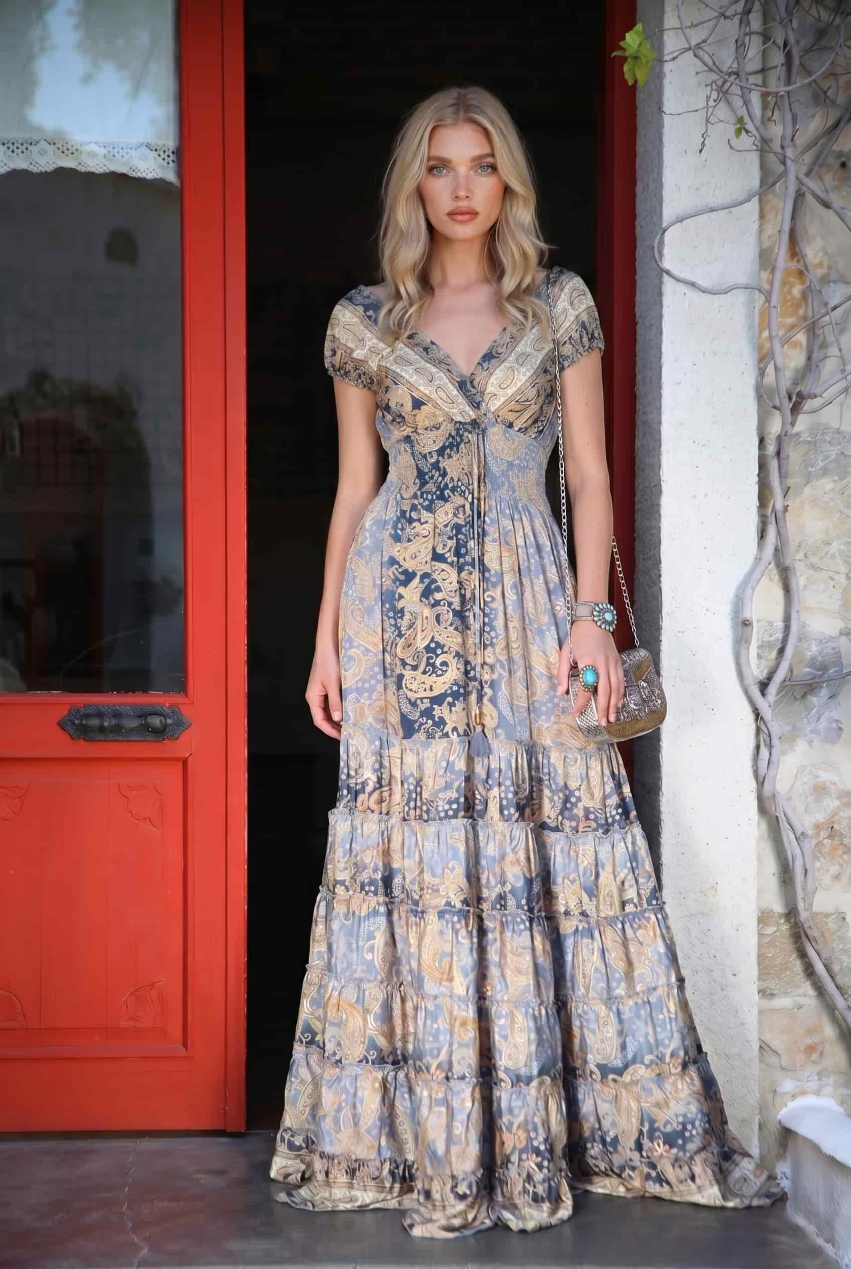 Deep V-Neck Printed High-Waist Maxi Dress