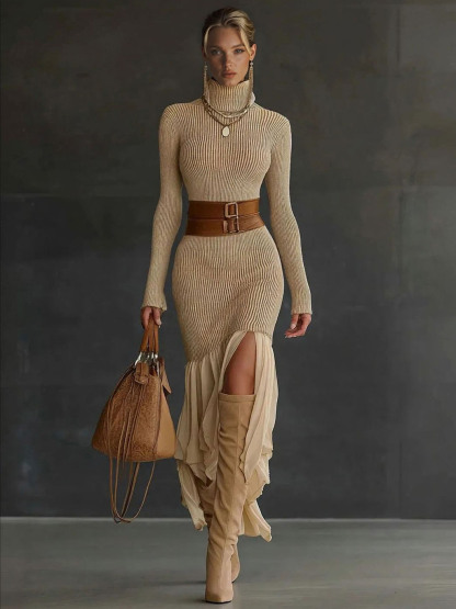 Elegant Asymmetrical Ruffled Knit Midi Dress