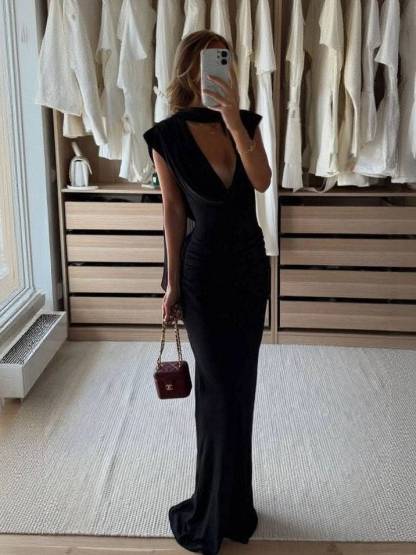 Swing Collar Scarf Pleated Maxi Dress