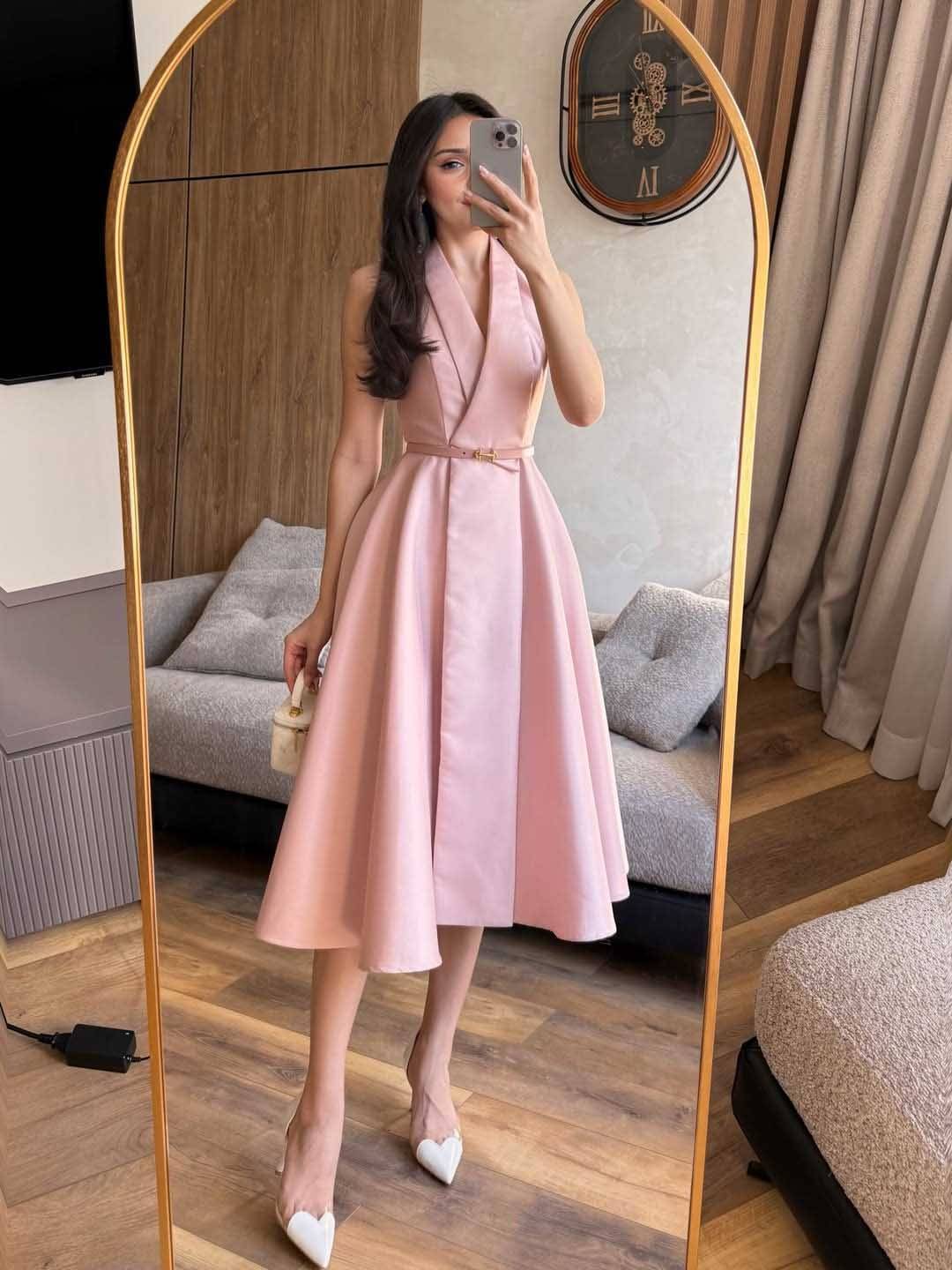 V-Neck High-waisted A- Line Midi Dress