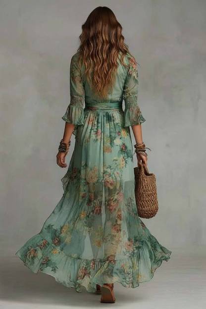 V-Neck Floral Printed Ruffled Hem Dress