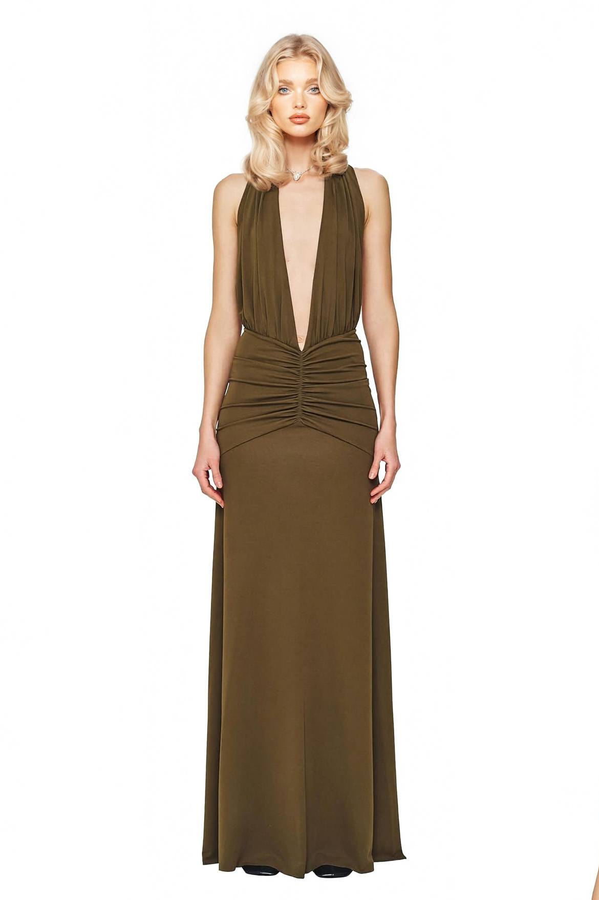 Deep V-Neck Pleated Maxi Dress